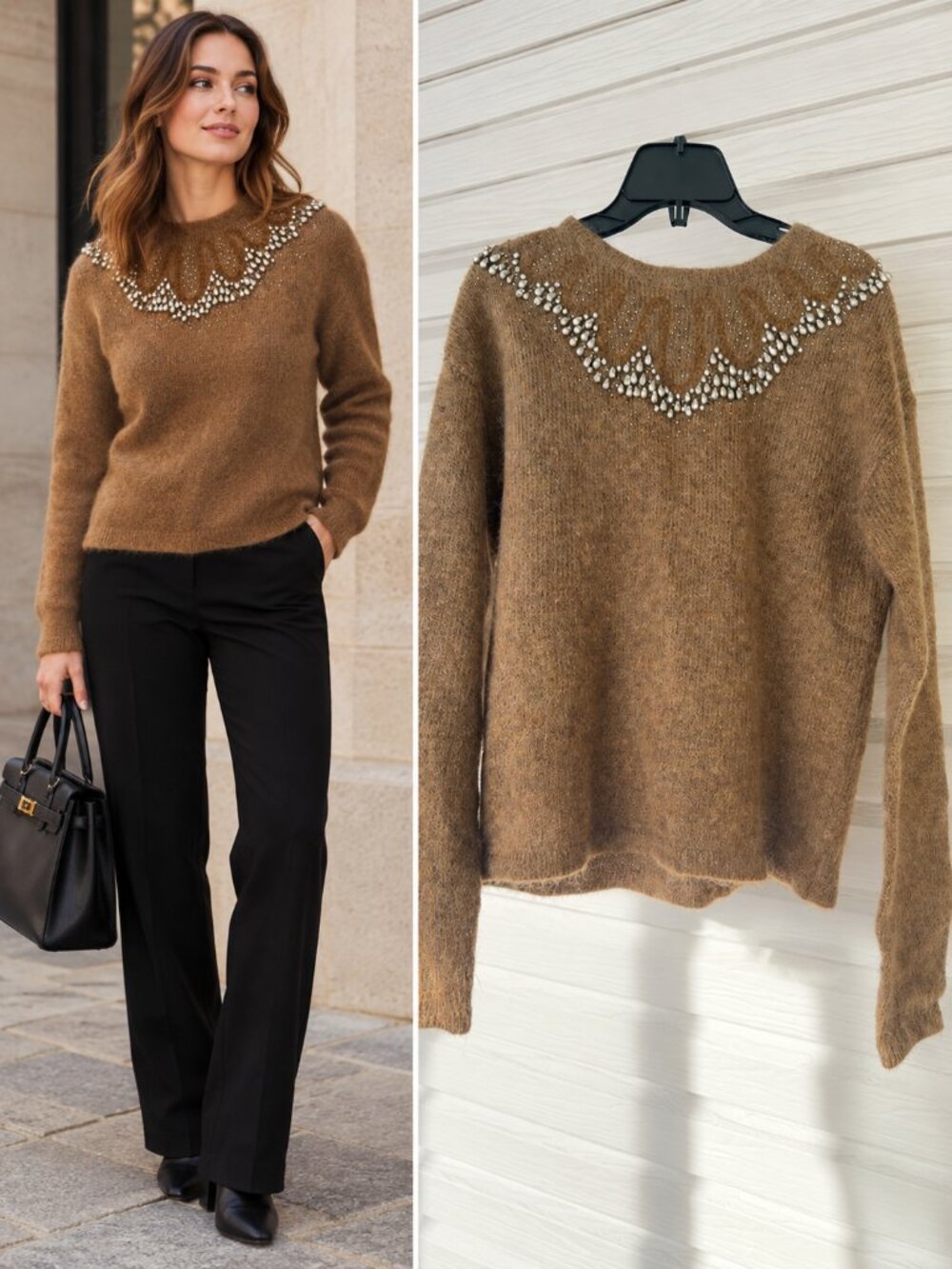 India Hicks Brown Mohair Wool Safari Sweater Boxy Beaded Scallop Quiet Luxury M